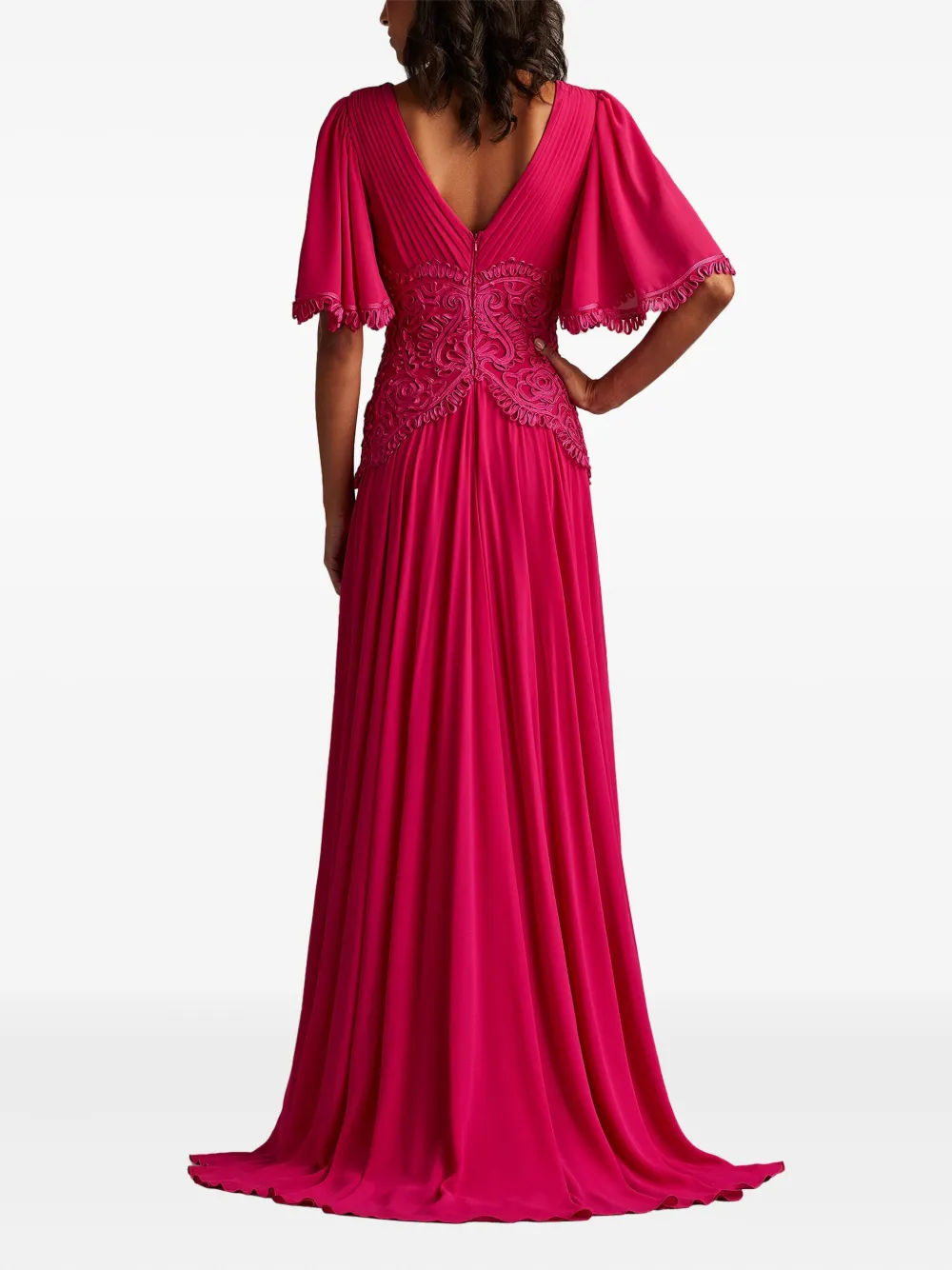Tadashi Shoji Scroll Lace Detail Flutter Sleeve Chiffon Gown In Pink