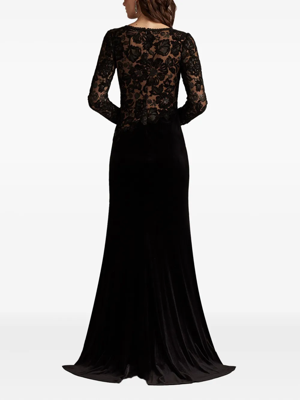 Tadashi Shoji Embroidered Bodice Long Sleeve Gown In Black