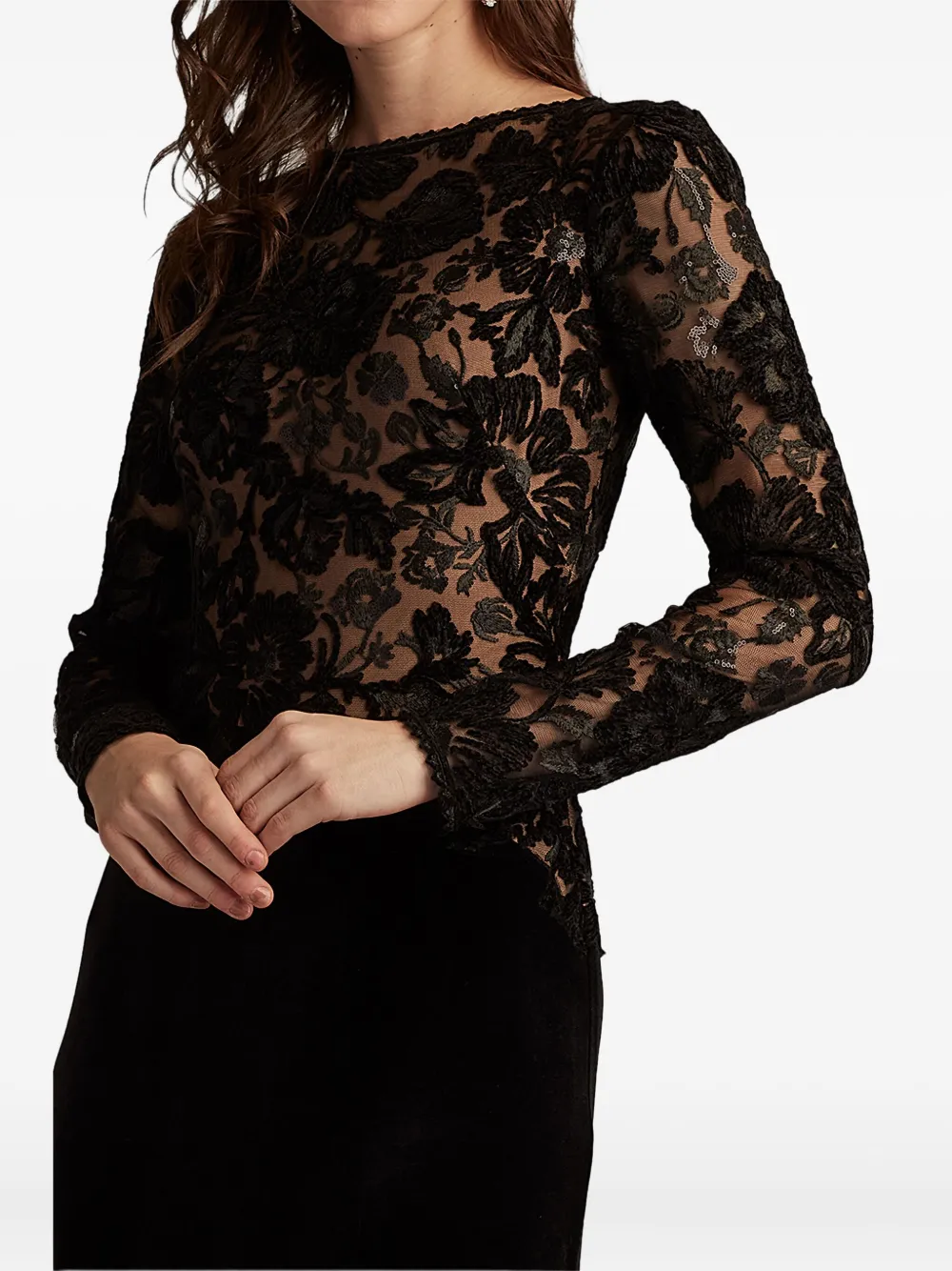 Tadashi Shoji Embroidered Bodice Long Sleeve Gown In Black