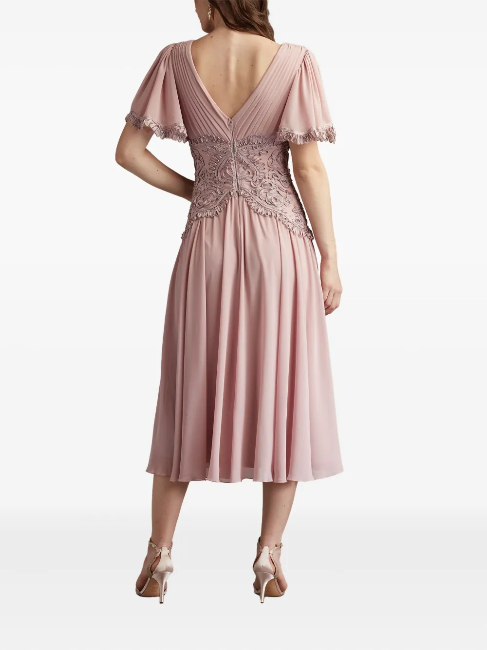 Tadashi Shoji Scroll Detail Flutter Sleeve Cocktail Midi Dress In Pink