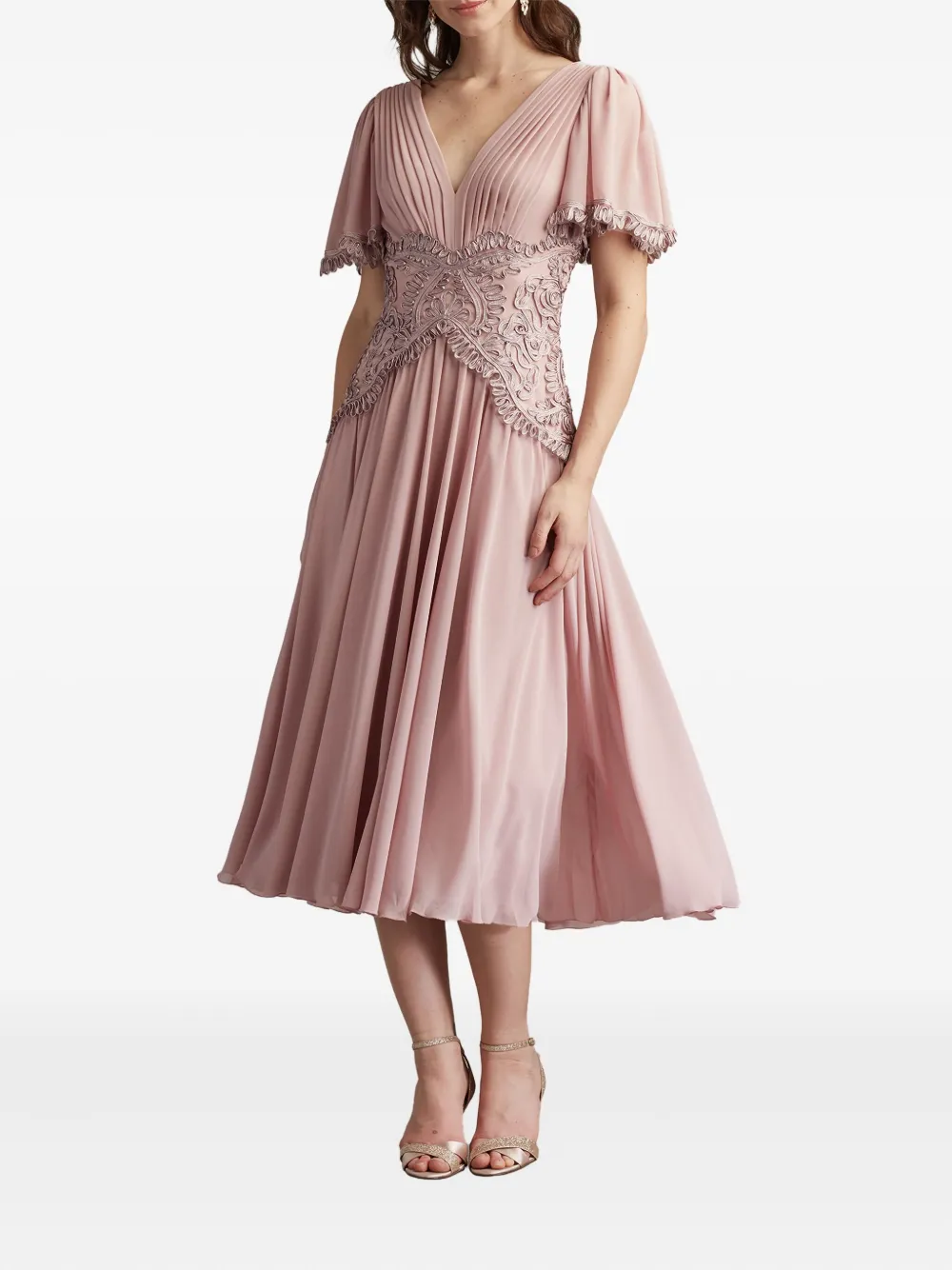 Tadashi Shoji Geplooide midi-jurk met kanten vlakken - Roze