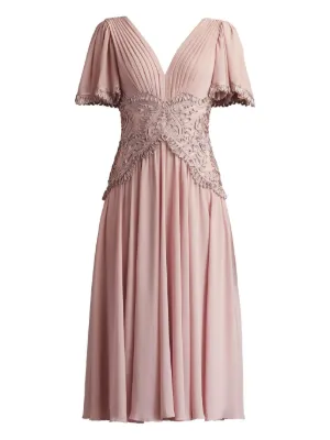 Tadashi Shoji Pleated lace-insert Midi Dress | Pink | FARFETCH