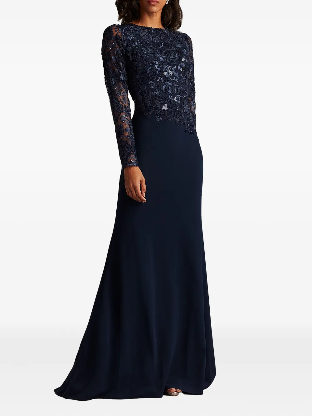 Tadashi Shoji Embroidered Bodice Long Sleeve Gown In Blue