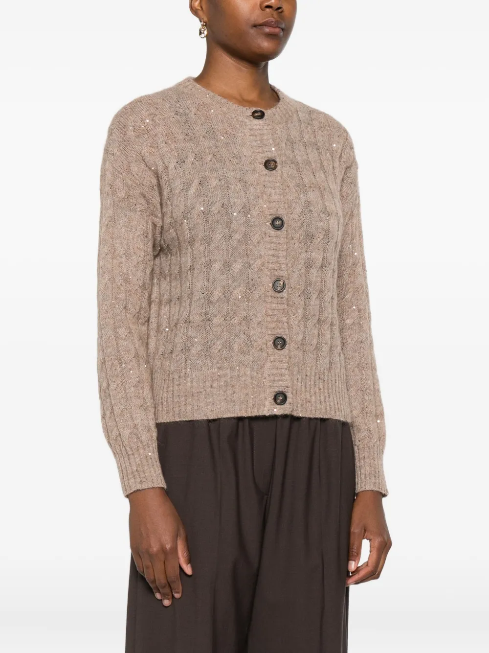 Brunello Cucinelli Sequin-embellished Cable-knit Cardigan In Brown