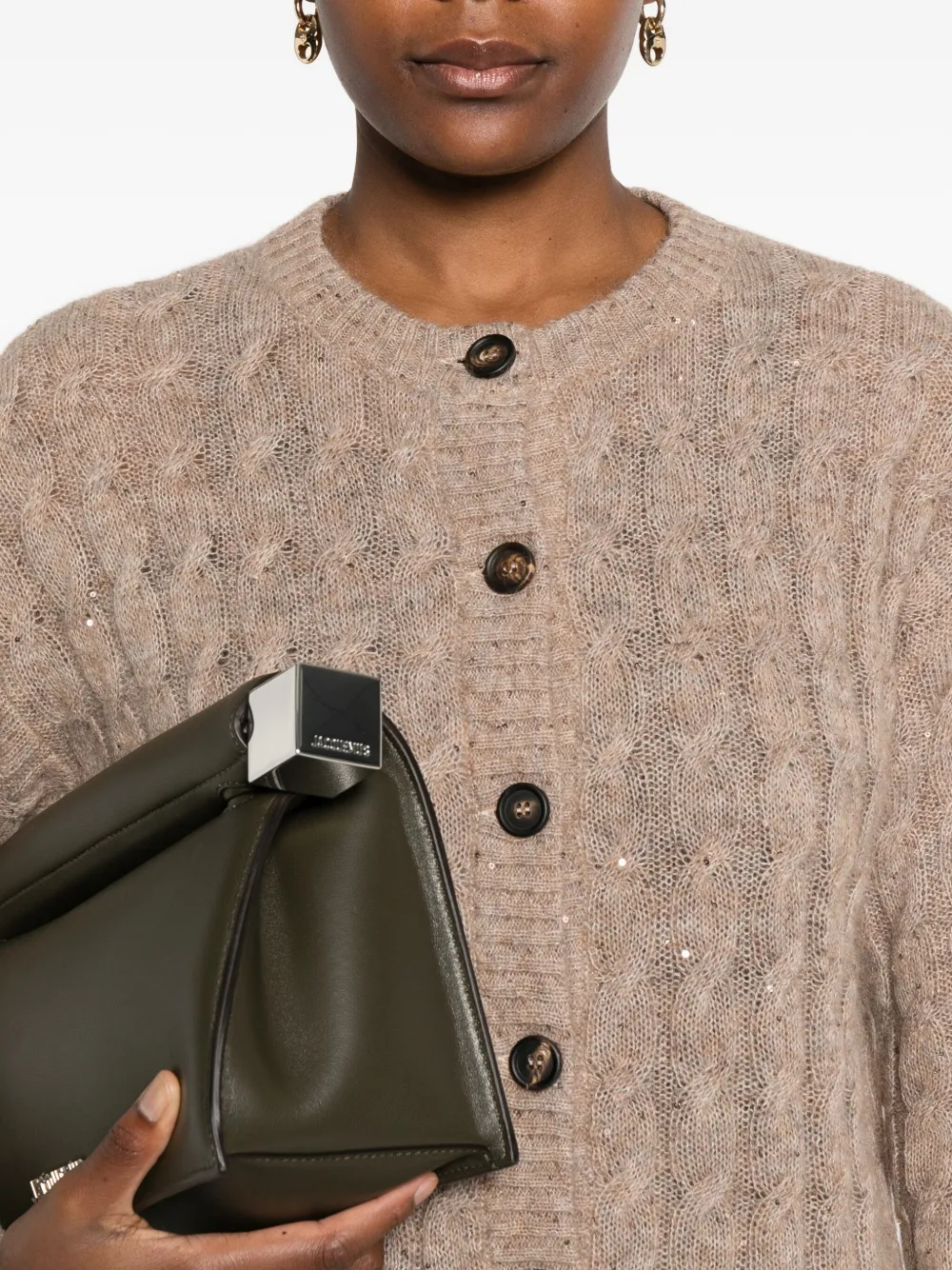 Brunello Cucinelli Sequin-embellished Cable-knit Cardigan In Brown
