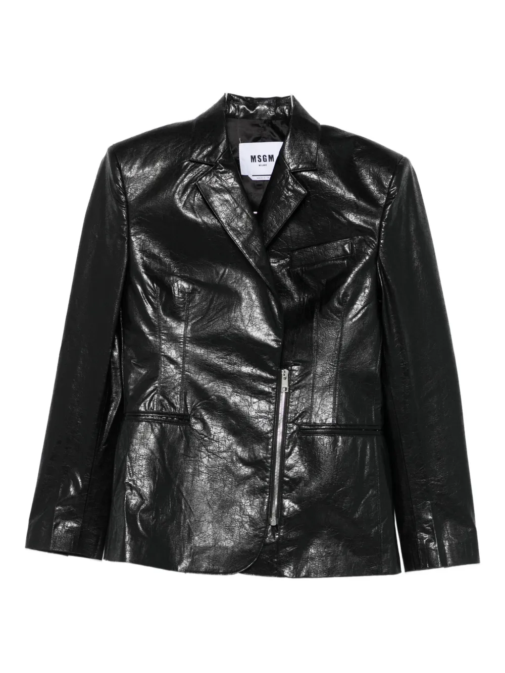 Msgm Structured Black Jacket With Glossy Finish And Notched Lapel In Black