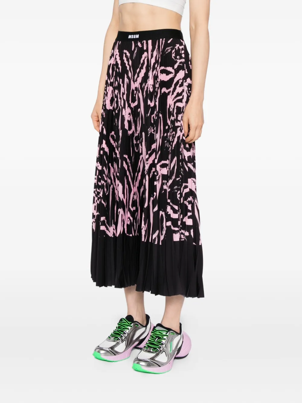 Msgm Rabbit-print Pleated Skirt In Black