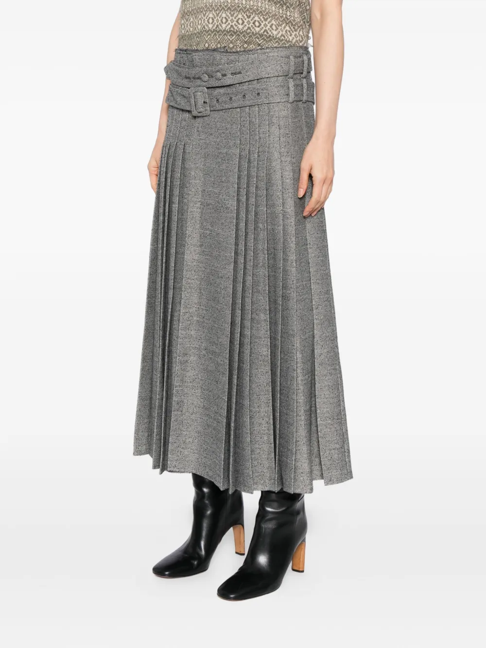 Open Yy Double-belt Pleated Skirt In Green