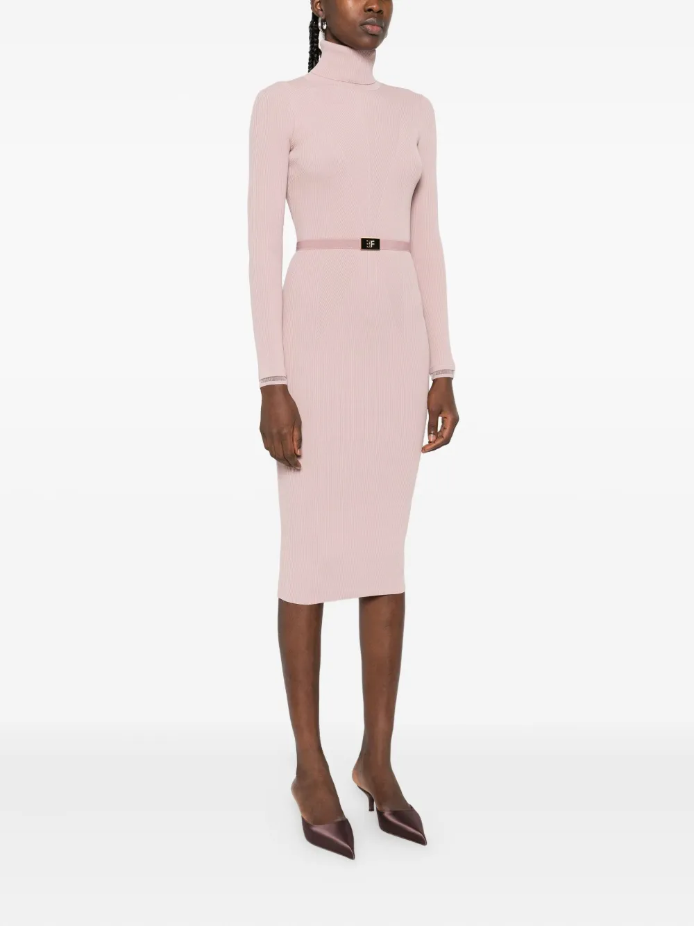 Elisabetta Franchi ribbed turtleneck midi dress Roze