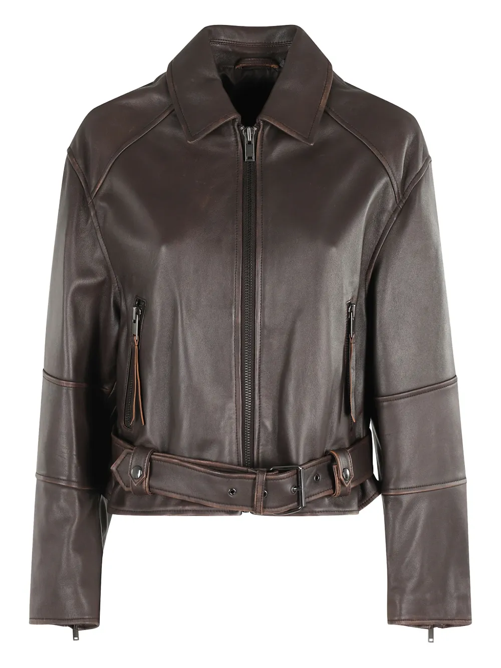 Weekend Max Mara Leren jack met ceintuur Bruin