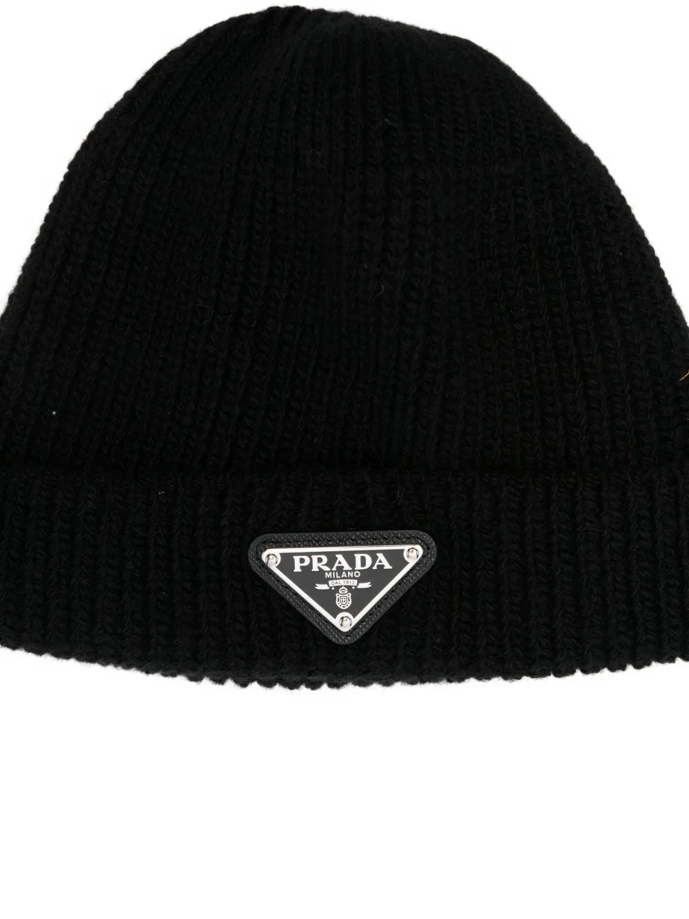 Prada ribbed logo-plaque beanie Zwart