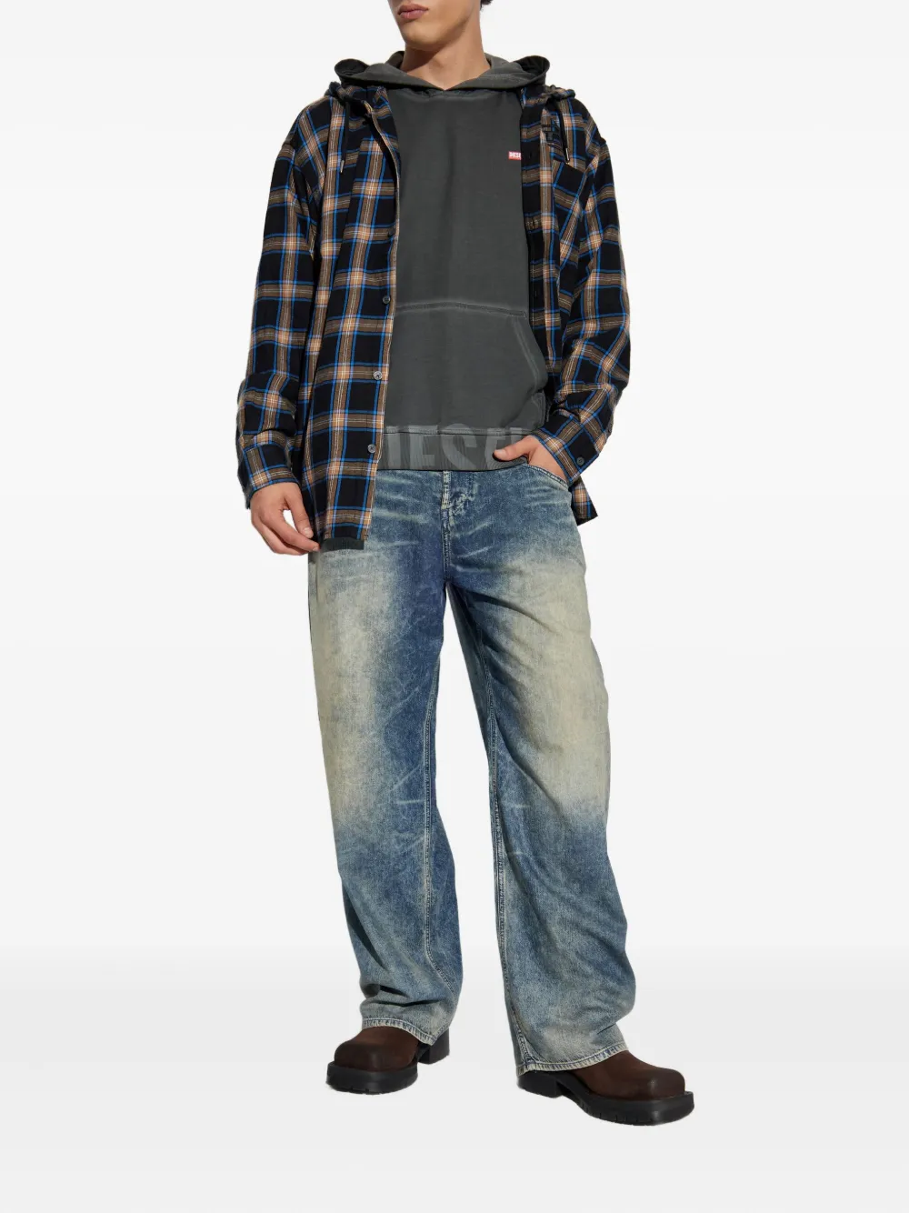 Diesel S-Dewny-Hood-Ajfi hooded checked shirt - Zwart