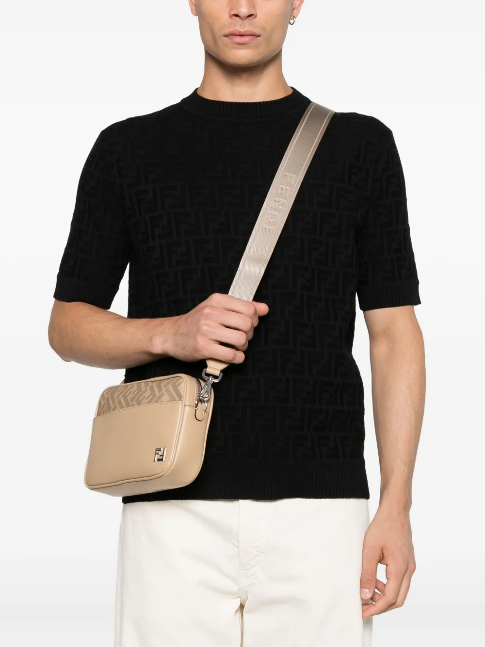 FENDI monogram-panel leather messenger bag Beige