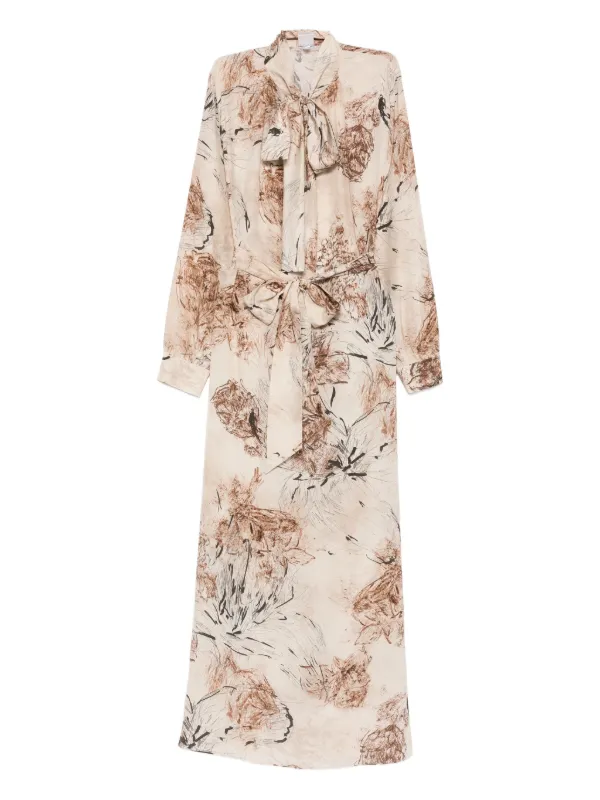 Eleventy Floral-print Tie-neck Dress in Neutrals