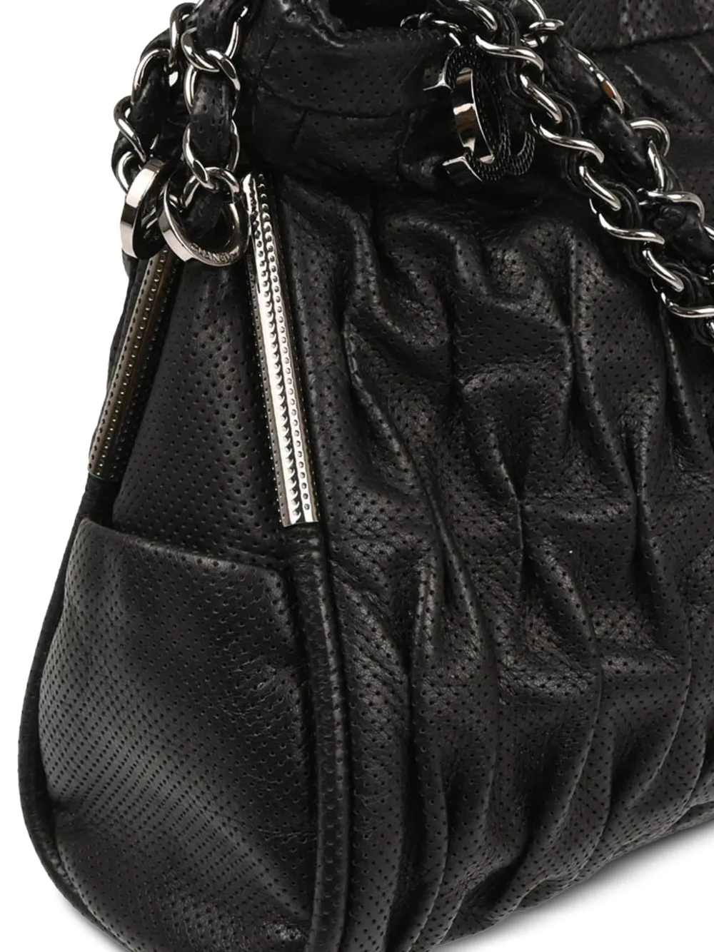Pre-owned Chanel 2008 Perforated Lambskin Chain-strap Handbag In Black