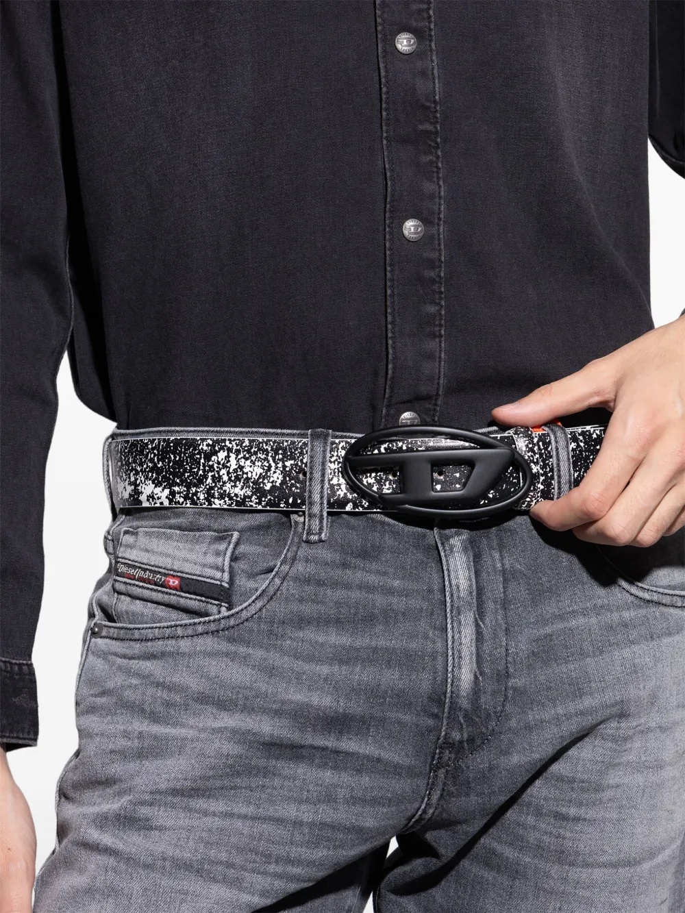 Diesel Leren riem met gespikkeld logo Zwart