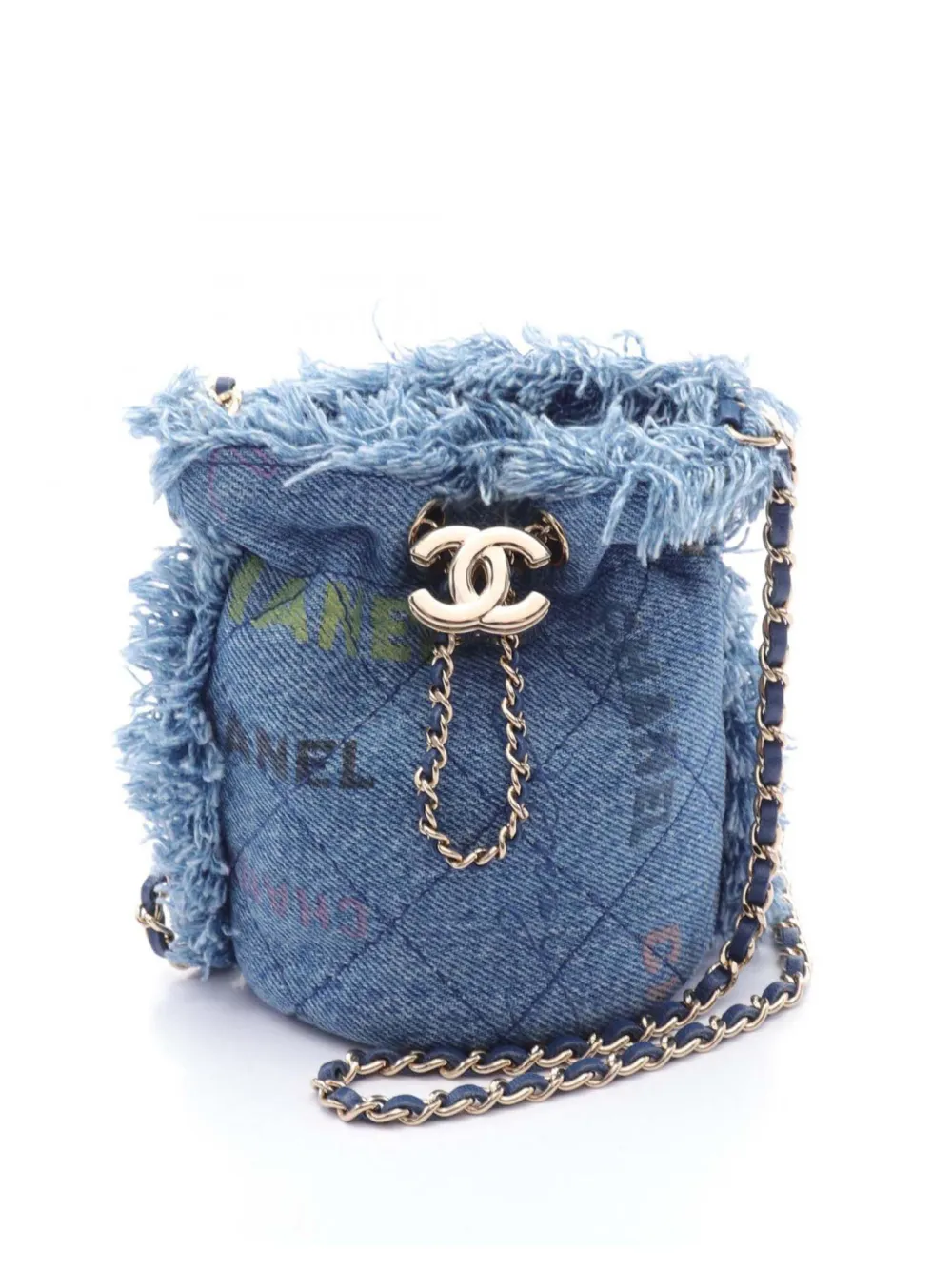 CHANEL Pre-Owned 2021 Mini Quilted Denim Mood with Chain bucket bag - CHANEL Pre-Owned 2021 Mini Quilted Denim Mood with Chain bucket bag -