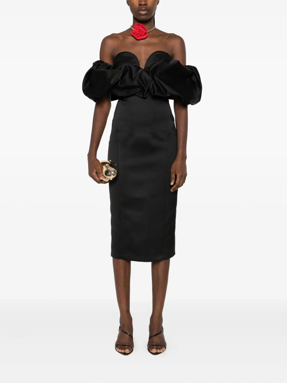 Elisabetta Franchi off-shoulder ruffled midi dress Zwart