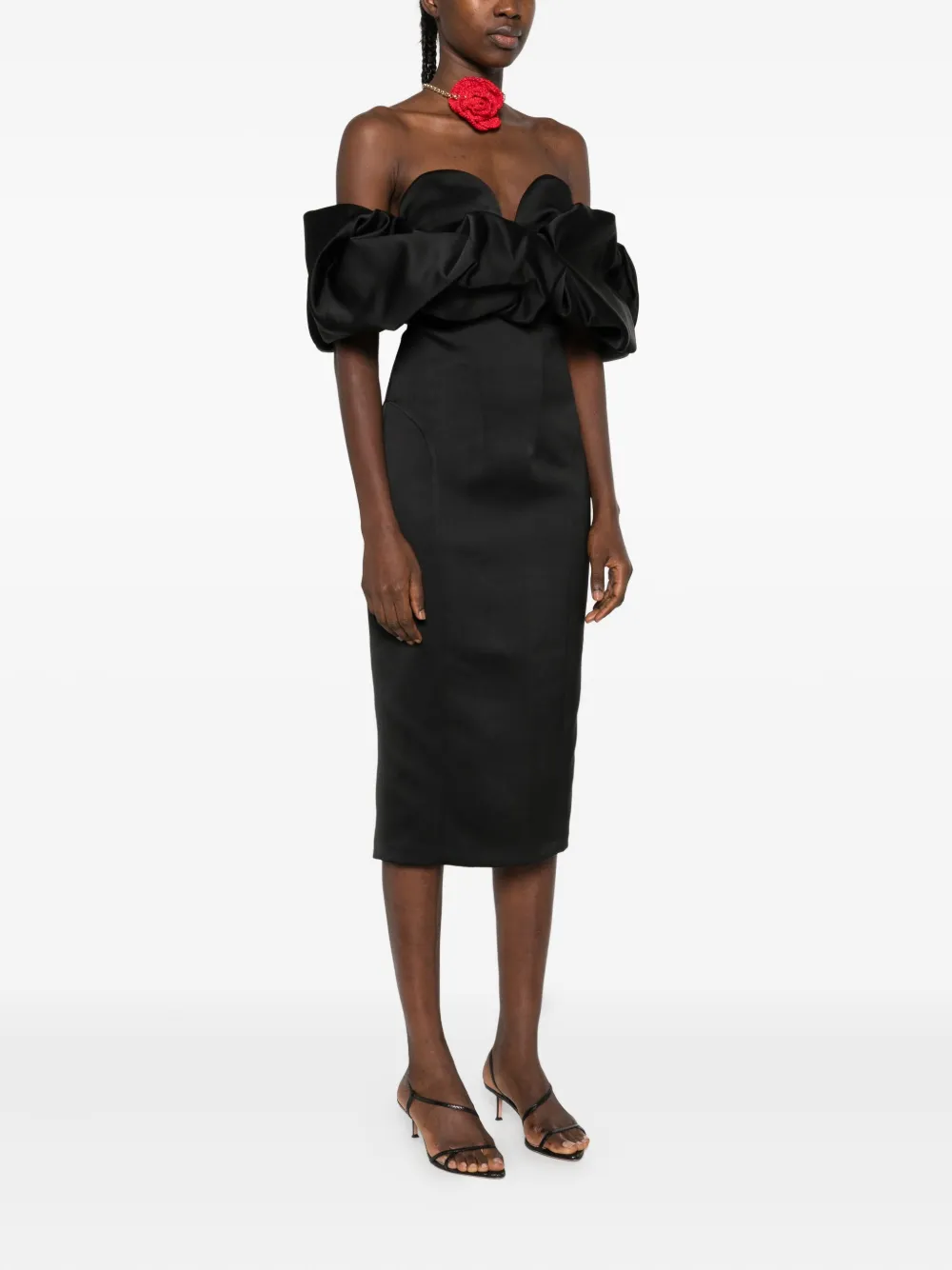 Elisabetta Franchi off-shoulder ruffled midi dress Zwart