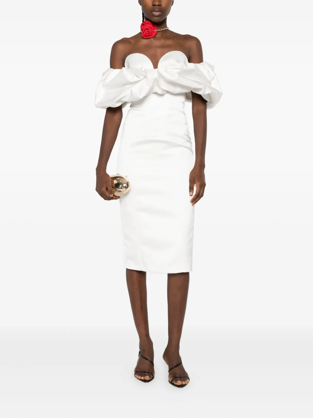 Elisabetta Franchi off-shoulder puff-sleeve midi dress Wit