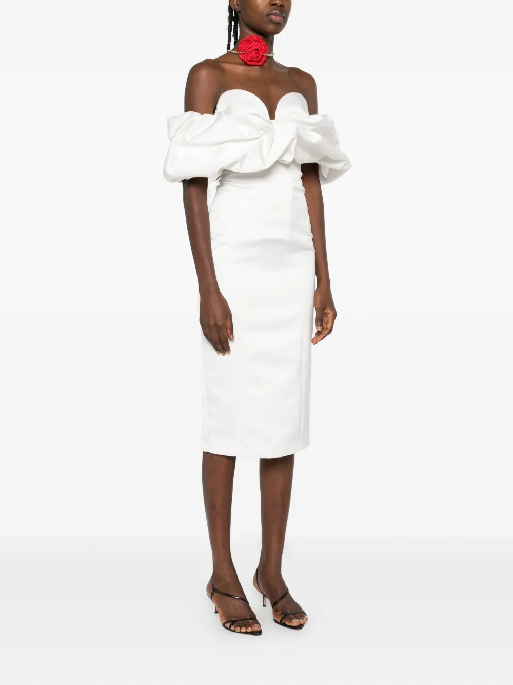 Elisabetta Franchi off-shoulder puff-sleeve midi dress Wit