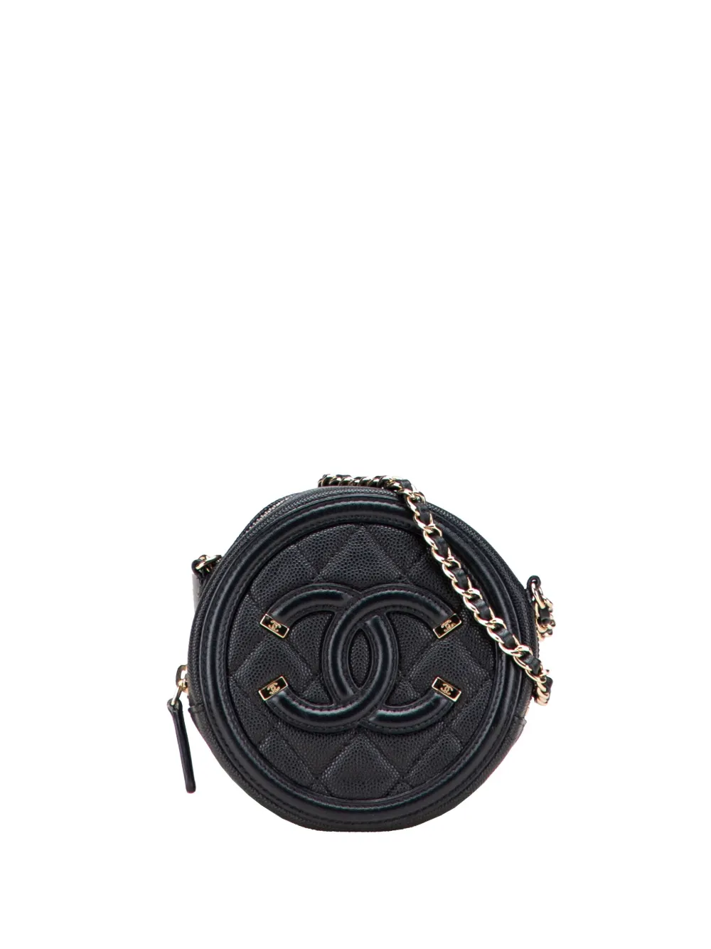 CHANEL Pre-Owned 2019 Caviar CC Filigree Round Clutch with Chain CHANEL Pre-Owned 2019 Caviar CC Filigree Round Clutch with Chain