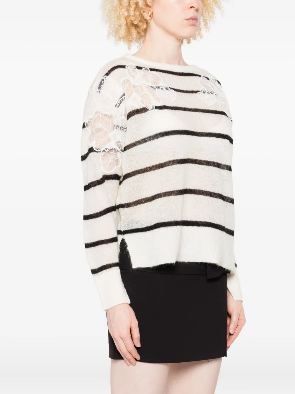 TWINSET lace-embellished striped sweater Beige