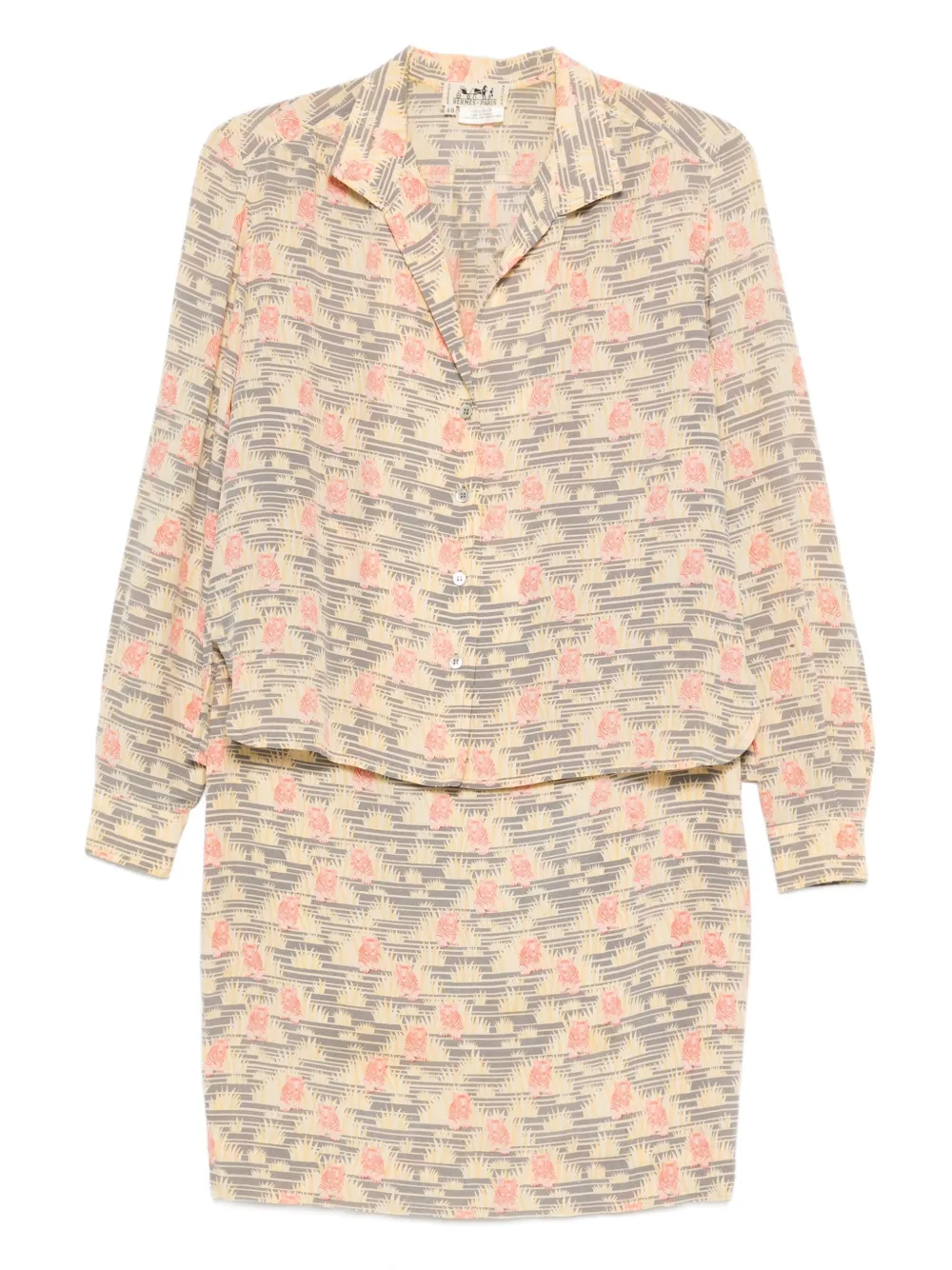 Pre-owned Hermes 1990s Patterned Silk Skirt Suit In Yellow