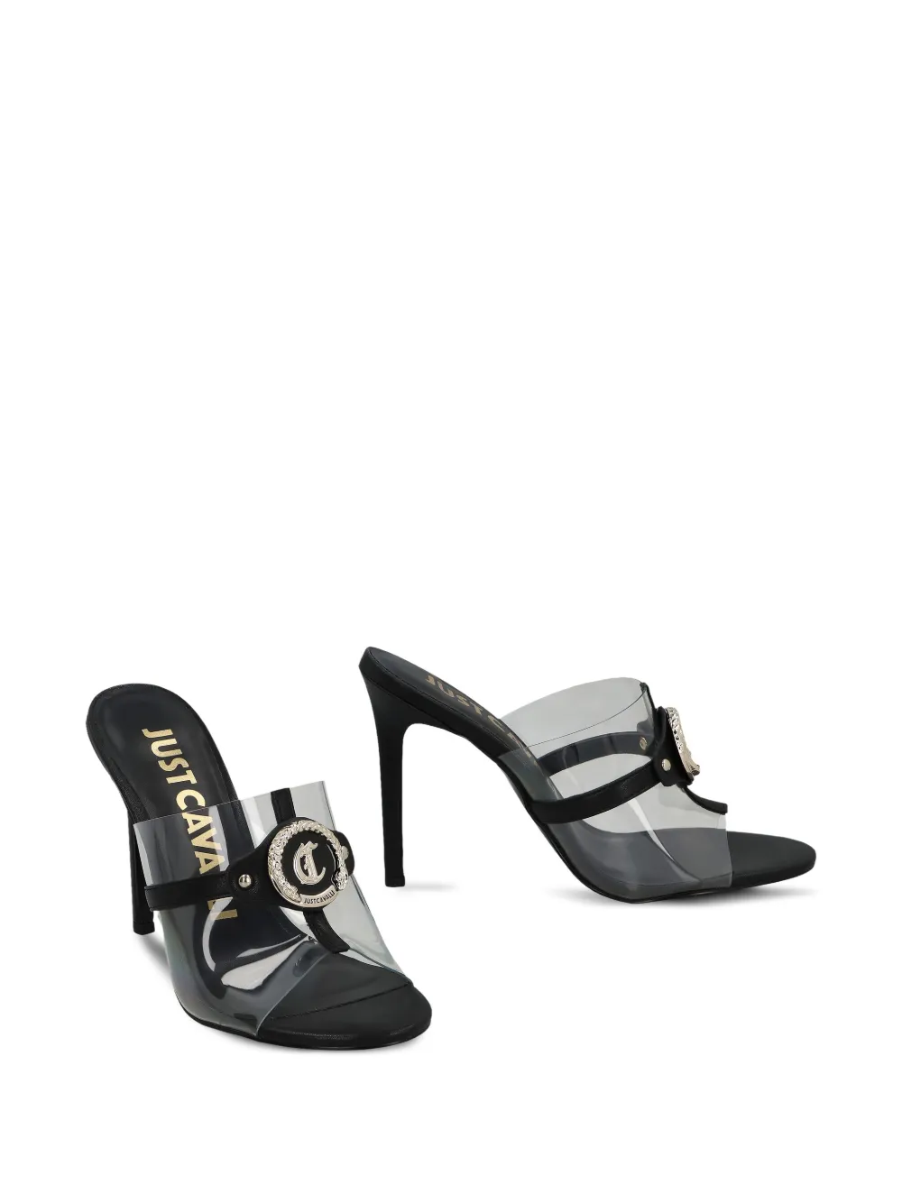 Just Cavalli 100mm logo-plaque clear-panel mules White