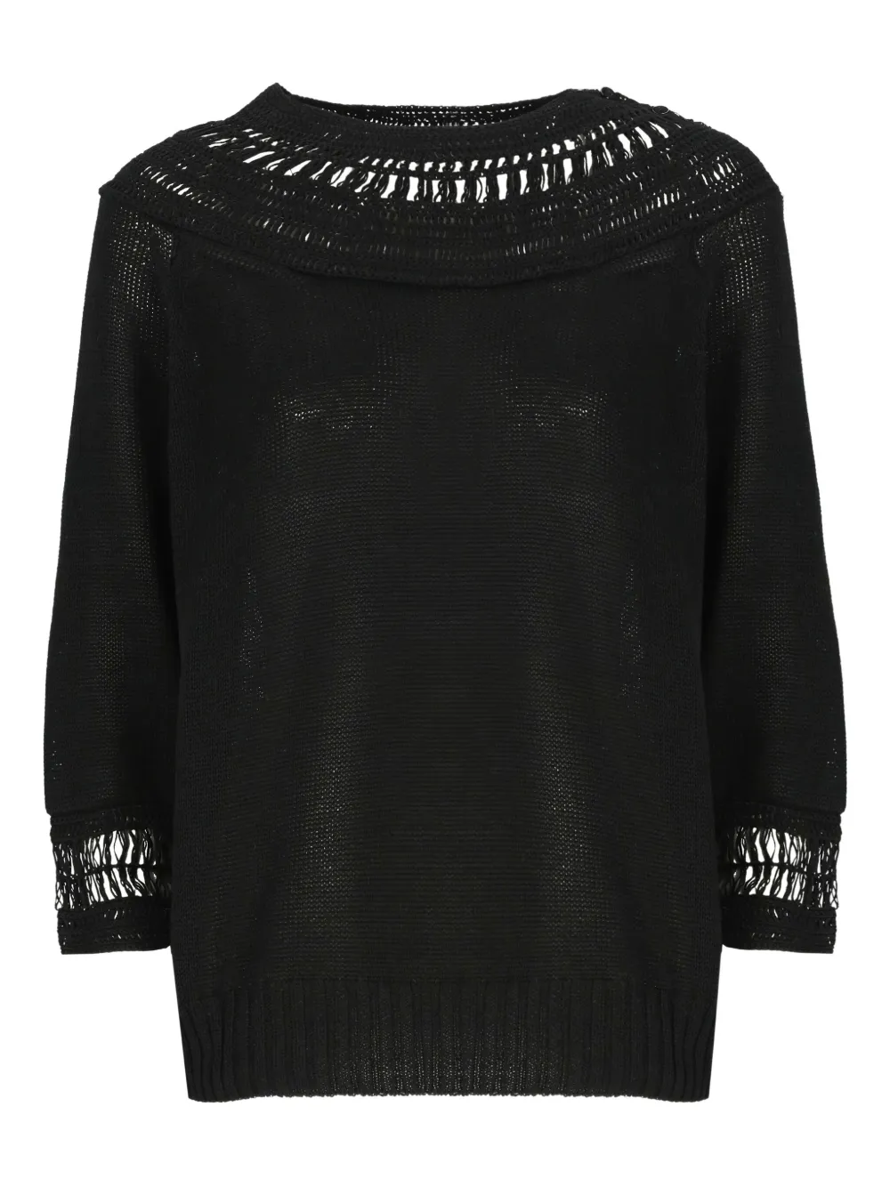 crochet-neckline three-quarter-sleeve sweater