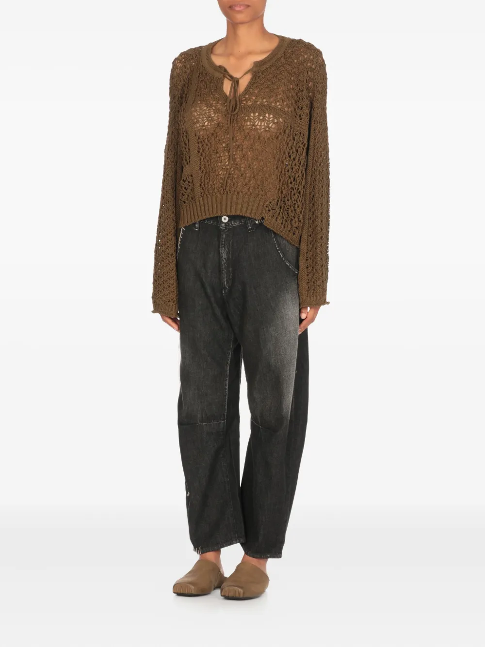 Y's Khaki Openwork Design Henry Wide Sleeve Sweater In Green
