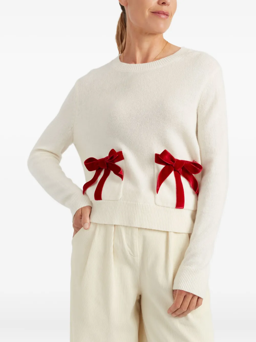 Chinti & Parker Cream Merino Wool Velvet Bow Sweater In White