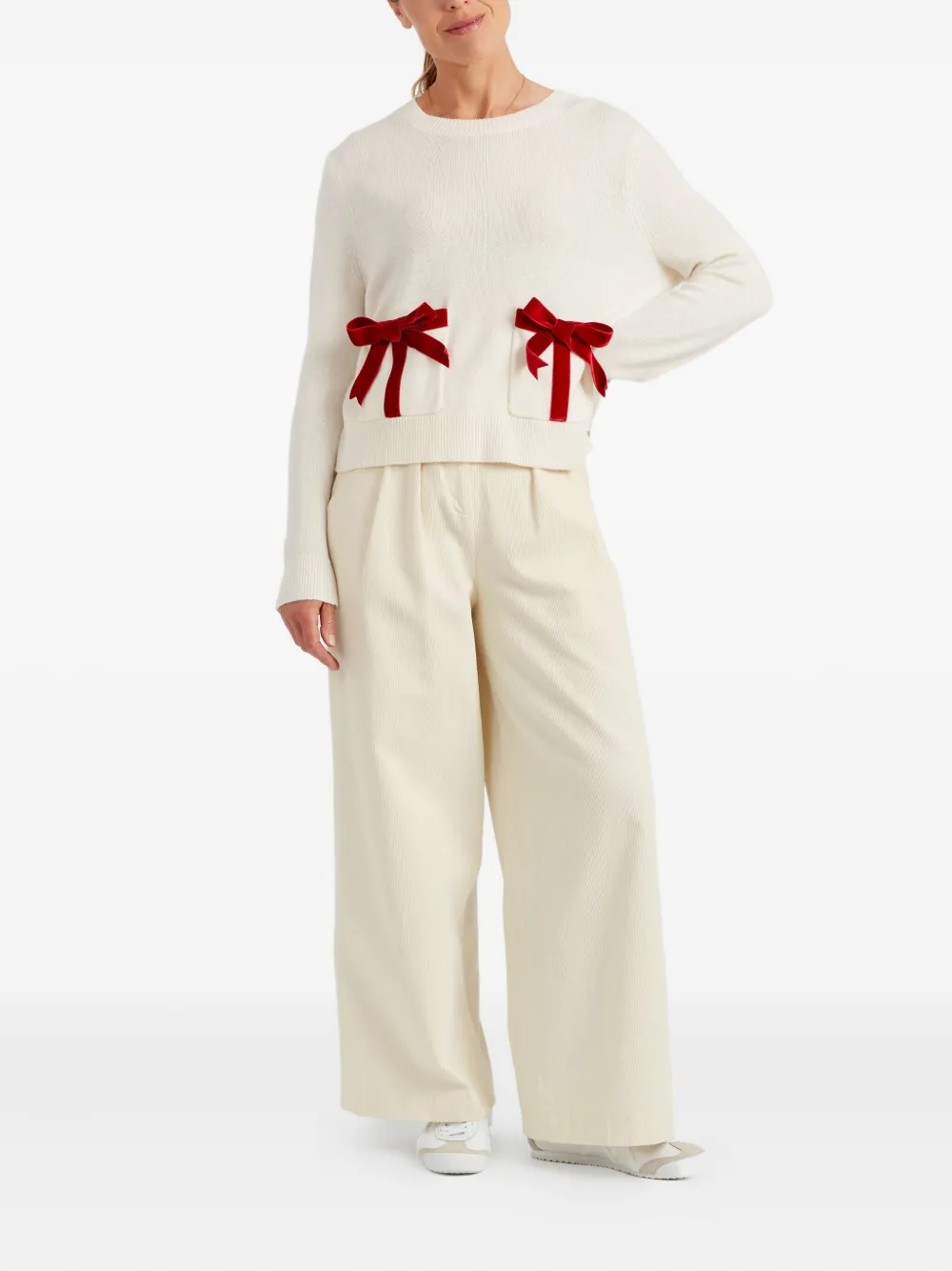 Chinti & Parker Cream Merino Wool Velvet Bow Sweater In White