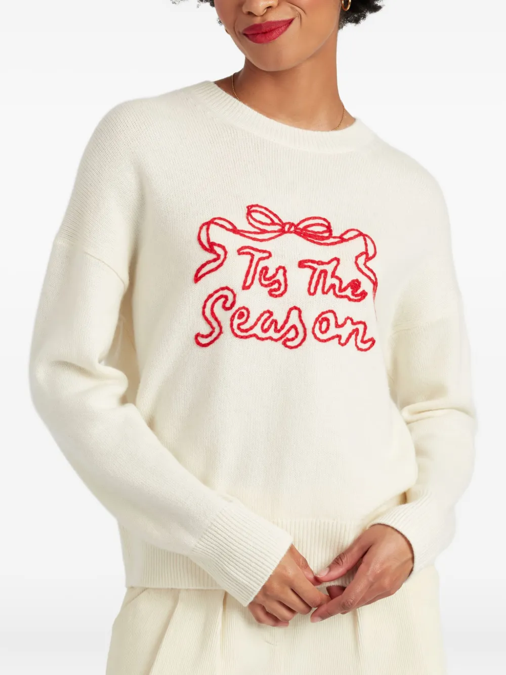Chinti & Parker Tis The Season Ribbon-embroidered Sweater In White