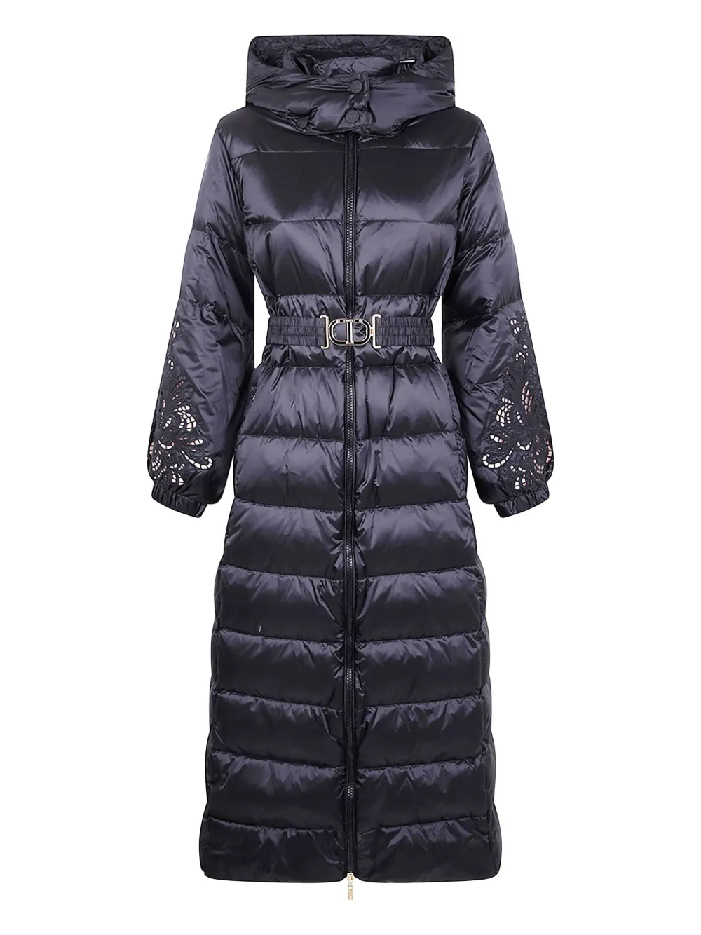 TWINSET laser-cut hooded belted coat | Black | Image 1