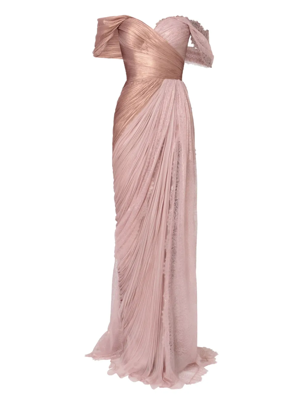 pleated-metallic lace maxi dress