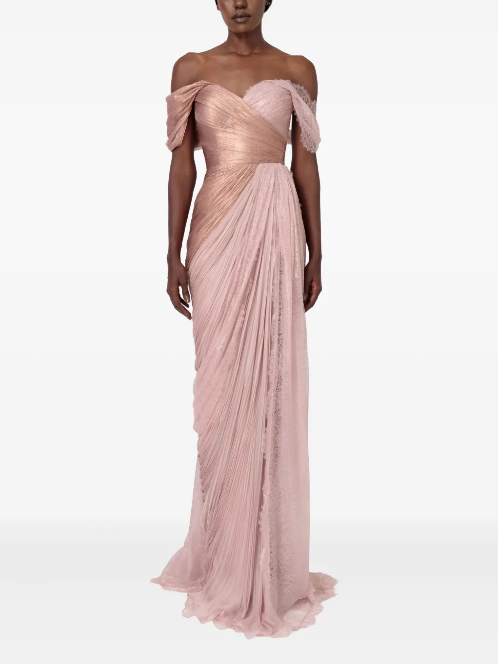 Iris Serban pleated-metallic lace maxi dress - Beige