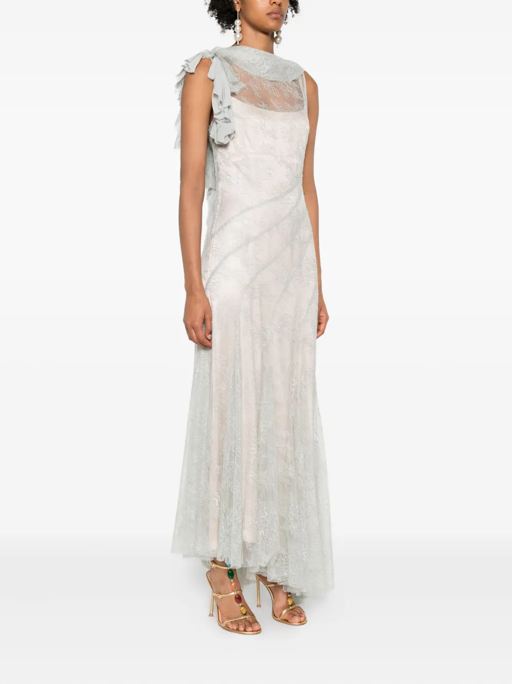 Alberta Ferretti Ruffled-sleeve Lace Asymmetrical Dress In Green