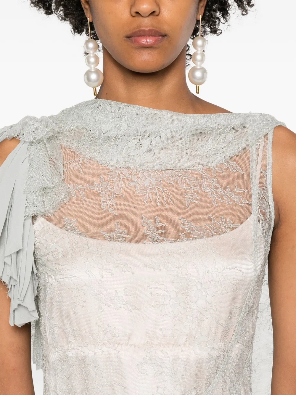 Alberta Ferretti Ruffled-sleeve Lace Asymmetrical Dress In Green