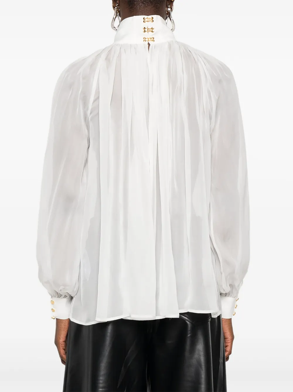 Elisabetta Franchi Gesmockte zijden top met hoge hals Wit
