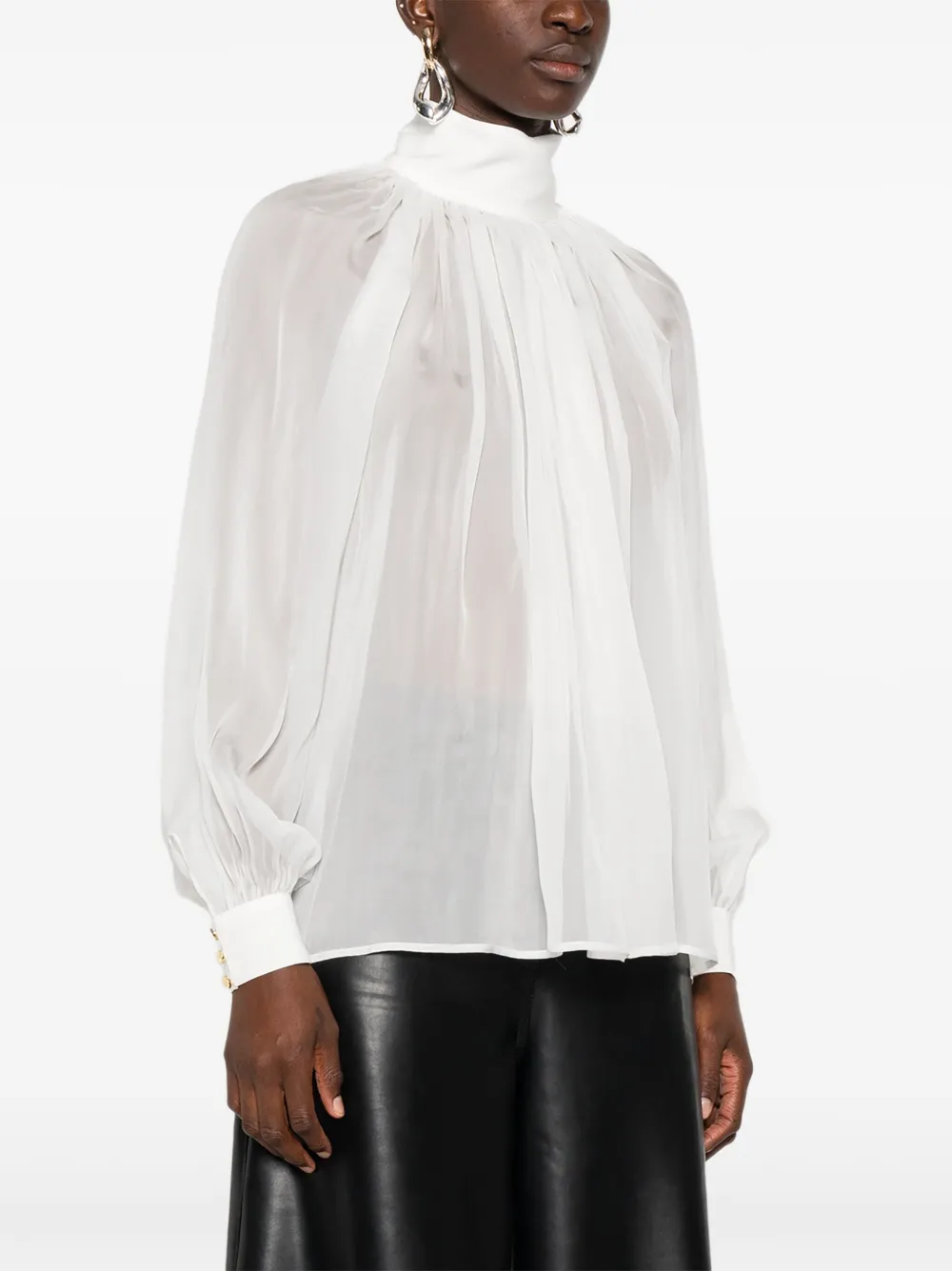 Elisabetta Franchi Gesmockte zijden top met hoge hals Wit