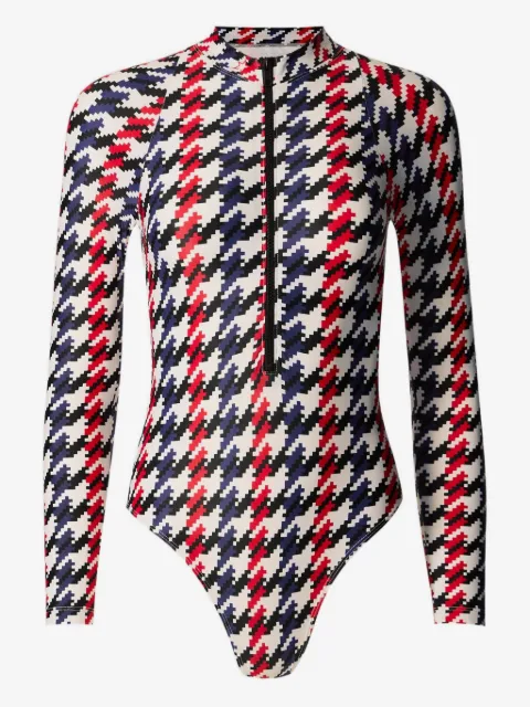 Perfect Moment Houndstooth long-sleeve half-zip swimsuit