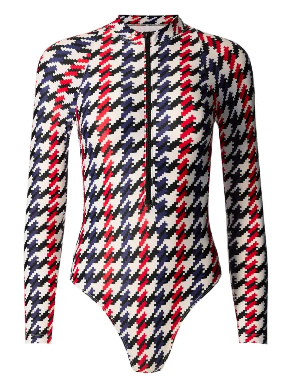 Perfect Moment Houndstooth Long-sleeve Half-zip Swimsuit in White