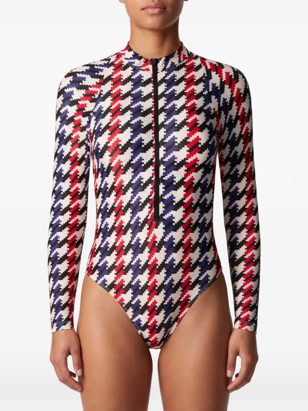Perfect Moment Badpak met pied-de-poule print en halve rits Wit