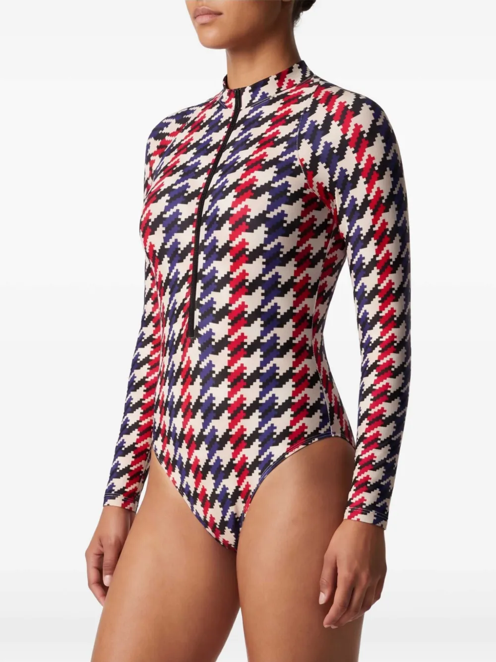 Perfect Moment Badpak met pied-de-poule print en halve rits Wit