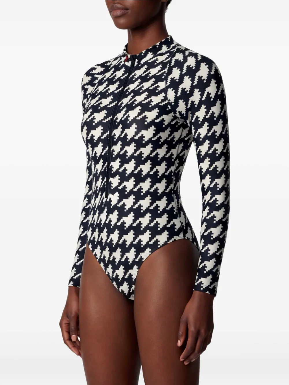 Perfect Moment Badpak met pied-de-poule print en halve rits Zwart