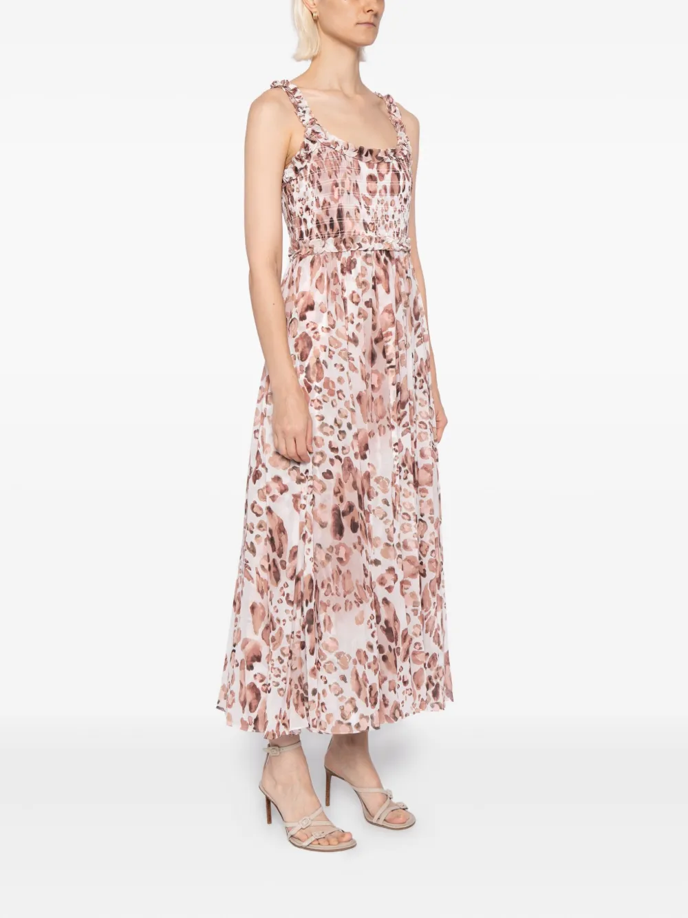 Needle & Thread Gesmockte jurk met luipaardprint Beige