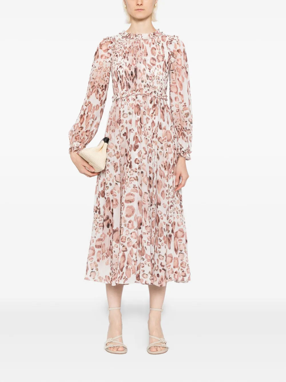 Needle & Thread Gesmockte midi-jurk met luipaard - Beige