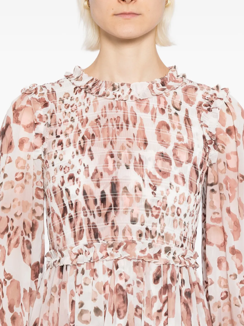 Needle & Thread Gesmockte midi-jurk met luipaard Beige