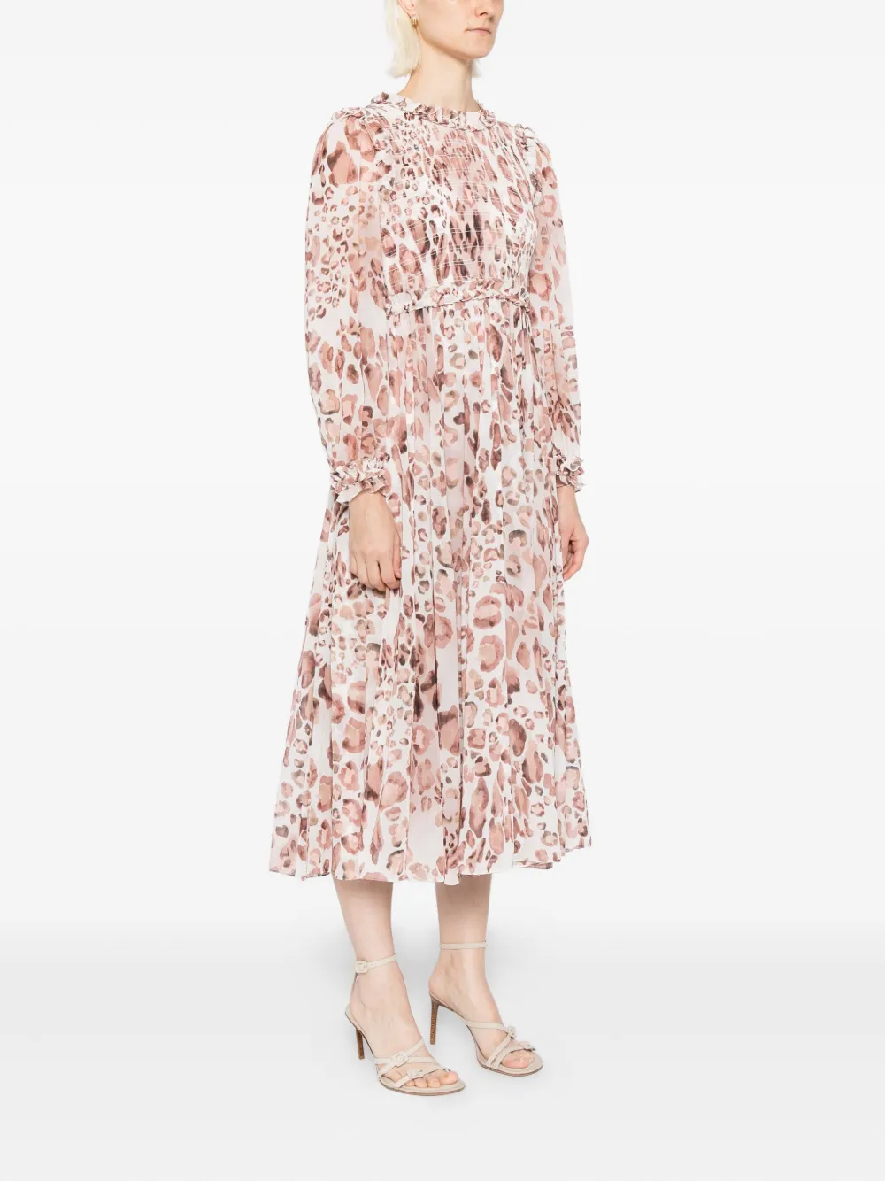 Needle & Thread Gesmockte midi-jurk met luipaard Beige